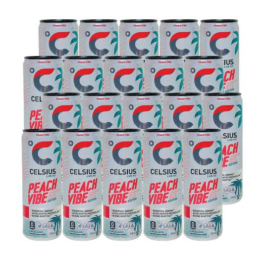 CELSIUS- Peach Vibe Sparkling White Peach Edition (12 Fl oz) (20 Cans)